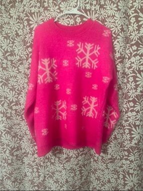 Women's Bright Pink Snowflake Crewneck Sweater